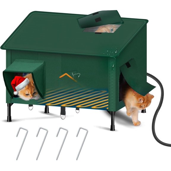 Size Heated  House for Outside Winter,Weatherproof Outdoor  Shelter with Safe Escape Door and Roof Window, Insulated & Elevated Warm  Shelter for Feral  Multiple Stray Kitty