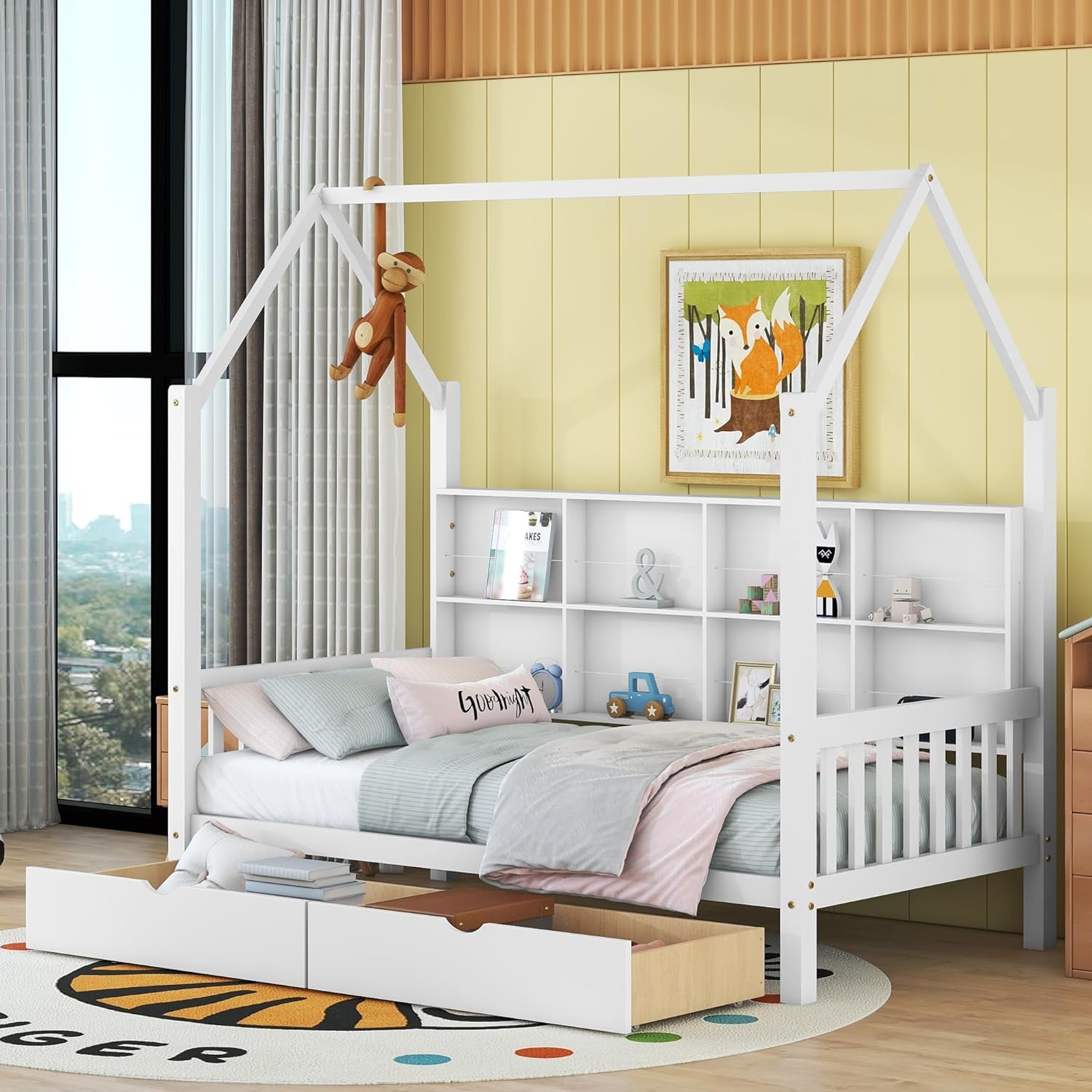 Size House Bed With Storage Drawers And Shelves, Kids Montessori