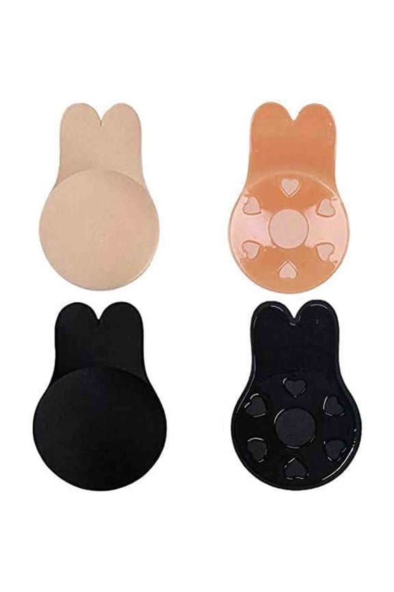Size L Chest Stickers Strapless Bra Sticky Adhesive Invisible Push up Bra for Backless or Strapless Dresses,Tops etc. 2 Pairs (Nude + Black)