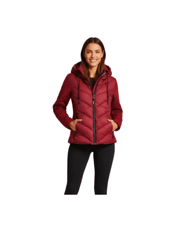 Women's Puffer Jacket, Lightweight, Hooded, Full Zip, (Dark) Red, Large