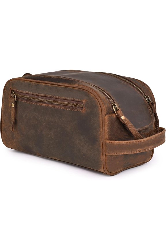 -Size Leather Toiletry Travel Pouch - Handcrafted Dopp Kit Bag with Lining, Spacious Design for Travel Essentials - Brown
