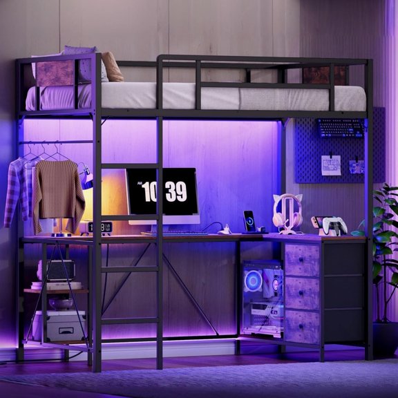 Size Loft Bed with L-Shaped Desk, 3 Storage Drawers, Station, Metal Loft Bed Frame with LED Light & Ladder, Open Storage Shelves, No Box Spring Needed, Rustic Brown & Black