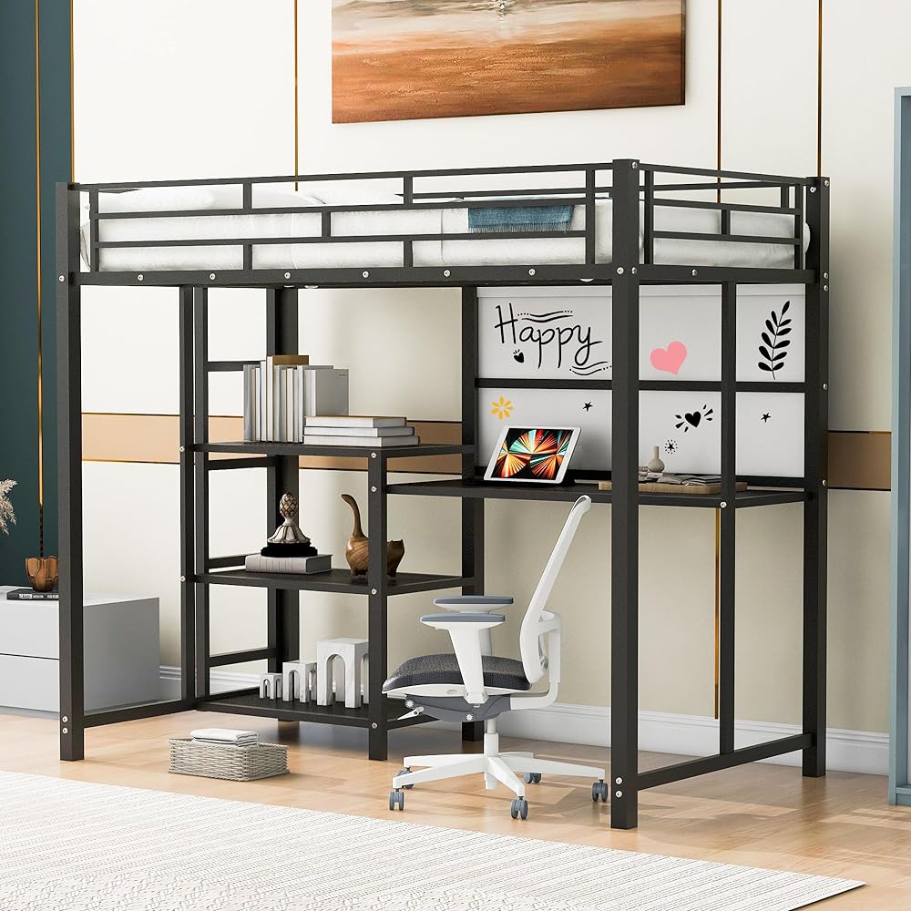 Size Loft Bed With Desk And Storage Shelves, Metal Loft Beds With Whiteboard And Ladder, Heavy