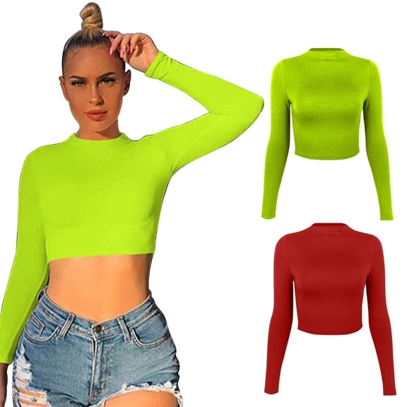 Size M Solid Green little turtleneck Sexy Long Sleeve Short Crop Top for Women and Girls