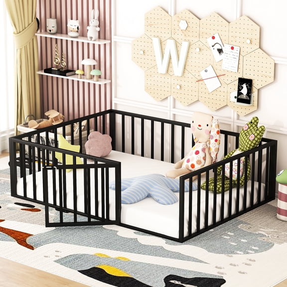 Size Metal Floor Bed With Fence And Door - , Black, Matches Any Bedroom Style Black Frame Fence, Door, Enhances Sleeping Experience