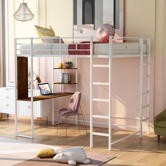 Size Metal Loft Bed In White With Desk & 2 Shelves - Stable And Practical Option Two Shelves, Robust Build