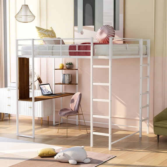 Size Metal Loft Bed, White - Incorporates 2 Shelves And Desk For Efficiency Full Size Equipped With Optimal Storage