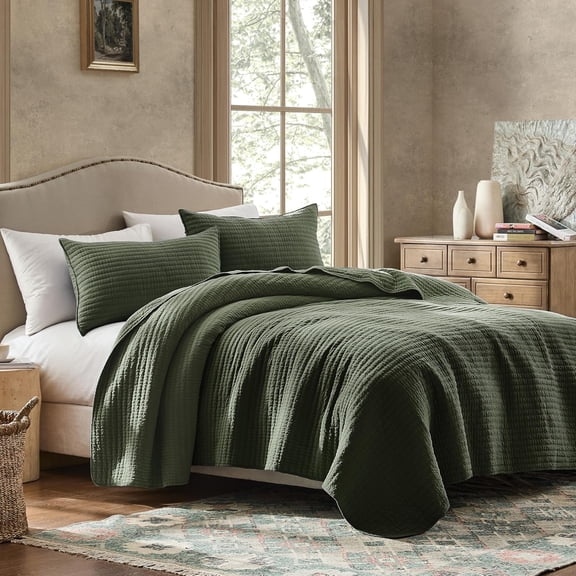 Size Quilt Set - Olive Green Striped Pick Stitch Soft Lightweight Bedspread, Textured Like Linen, Farmhouse Country Rustic Coverlet, Shabby Chic Gauze Bedding, 3 Pieces