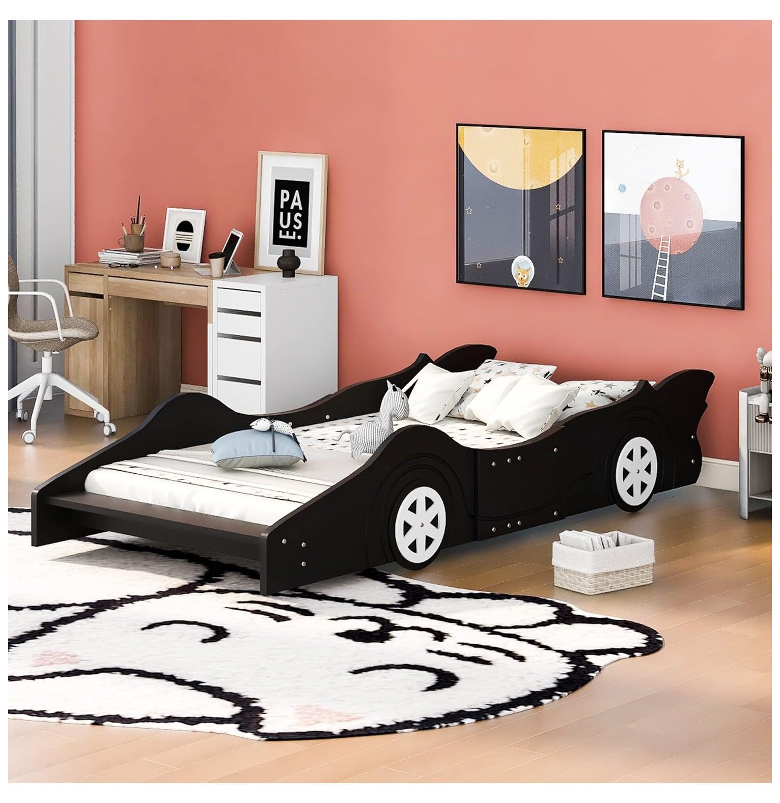Size Race Car Bed for Boys, Wood Low Platform Bed Frame with Support