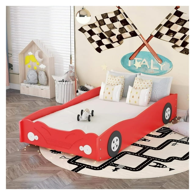 Size Racing Car Bed Wooden CarShape Platform Beds with Wheels Boys Car