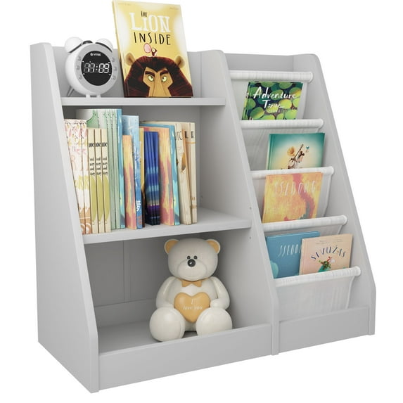 Hironpal Small 3 Tier Kids Bookshelf with 4 Layer Sling Adjustable Book Display Shelf for Nursery Playroom Kids Baby Bedroom