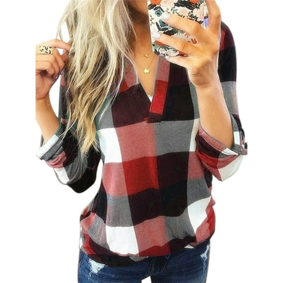 Size S-5XL Women Casual Long Sleeve Plaid Tunic Shirt V Neck Pullover Blouse Tops Ladies New Autumn Winter Button Down Polo Neck Shirt Baggy Color Block Checked Baggy T Shirt Tops Blouse
