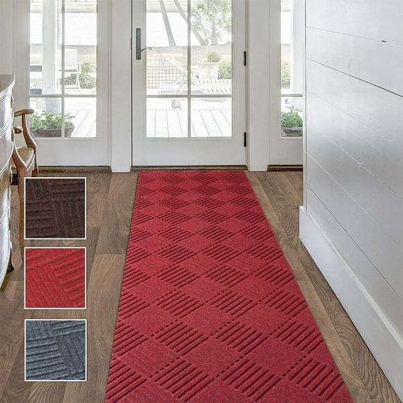 Size Solid Plain Rubber Backed Non-Slip Hallway Stair Runner Rug Carpet, Heavy Duty Durable Large Front Door Mats Indoor Entrance Mat, 2FTX7FT, Red