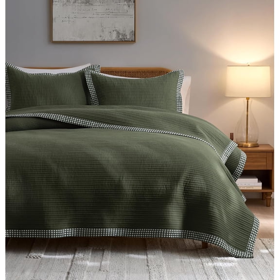 Size Striped Quilt Bedding Sets, Moss Green | Thin Comforter, Size 90"x90" + 2 Shams 20"x26", Soft Lightweight Bedspread, -, Machine Washable