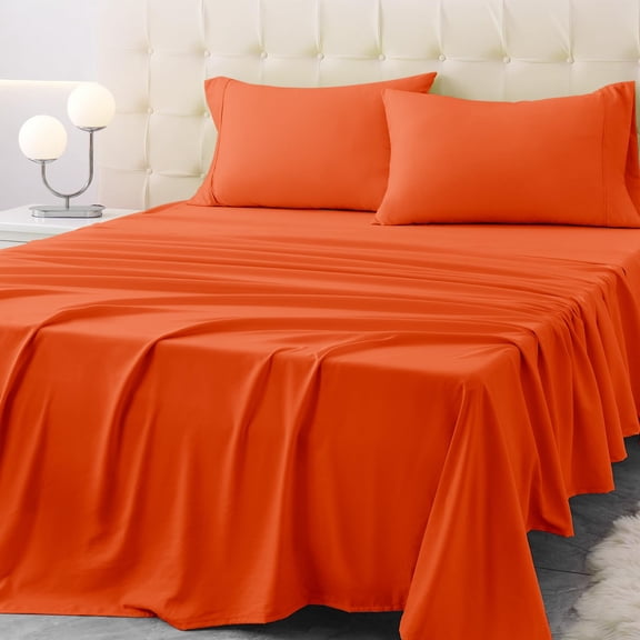 Size Terracotta Bed Sheet Set - 3 Piece Softfiber Sheets With Deep Pockets Technology And Wrinkle-freeowcase. Hotel-quality Durable Bedding Bright Orange