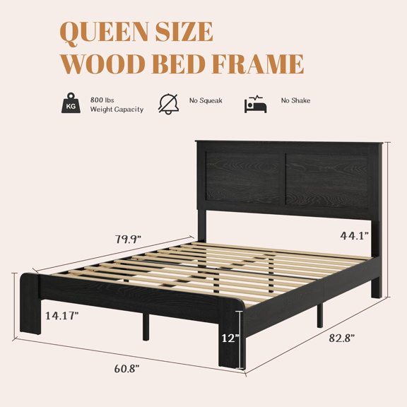 Size Wooden Bed Frame with Headboard Rustic Farmhouse Style Black Slat Support No Box Spring Needed