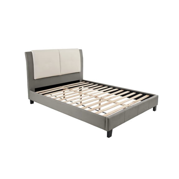Sized Bed In Splendid White & Grey With Faux Leather Ornament And Wood Upholstery Frame
