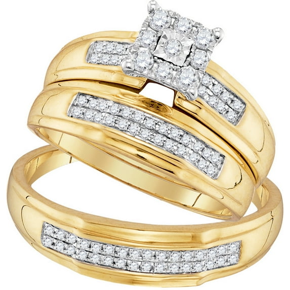 Sizes - L = 4.5, M = 12 - 10k Yellow Gold Trio His & Hers Round Diamond Matching Bridal Wedding Ring Band Set 3/8 Cttw