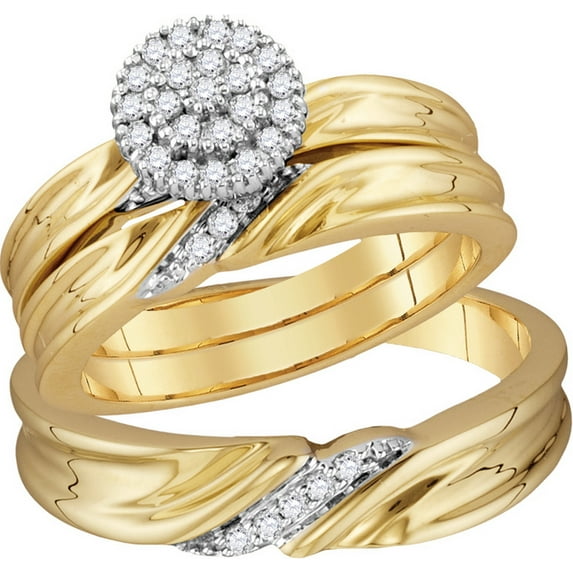 Sizes - L = 4, M = 10.5 - 10k Yellow Gold Diamond Trio His & Hers Matching Trio Wedding Band Engagement Bridal Ring Set 1/4 Ctw