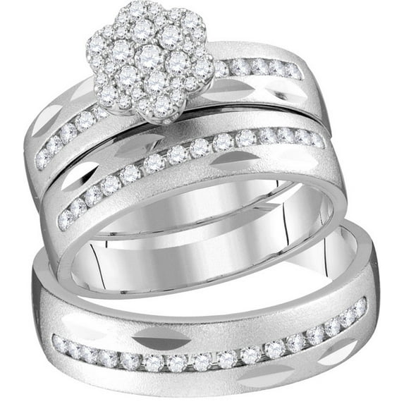Sizes - L = 5.5, M = 13 - 14k White Gold Trio His & Hers Round Diamond Matching Bridal Wedding Ring Band Set (3/4 Cttw)