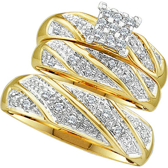 Sizes - L = 5, M = 12 - 10k Yellow Gold Trio His & Hers Round Diamond Cluster Matching Bridal Wedding Ring Band Set (1/4 Cttw)