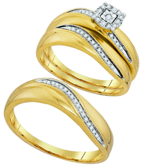 Sizes - L = 5, M = 8.5 - 10k Yellow Gold Trio His & Hers Round Diamond Solitaire Matching Bridal Wedding Ring Band Set (1/5 Cttw)
