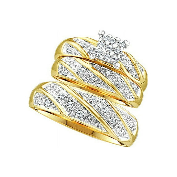 Sizes - L = 5, M = 9 - 14k Yellow Gold Trio His & Hers Round Diamond Cluster Matching Bridal Wedding Ring Band Set (1/4 Cttw)