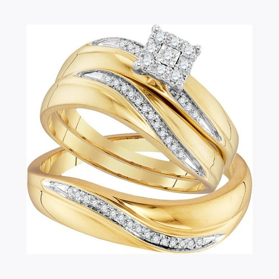 Sizes - L = 5, M = 9.5 - 10k Yellow Gold Trio His & Hers Round Diamond Cluster Matching Bridal Wedding Ring Band Set (1/5 Cttw)