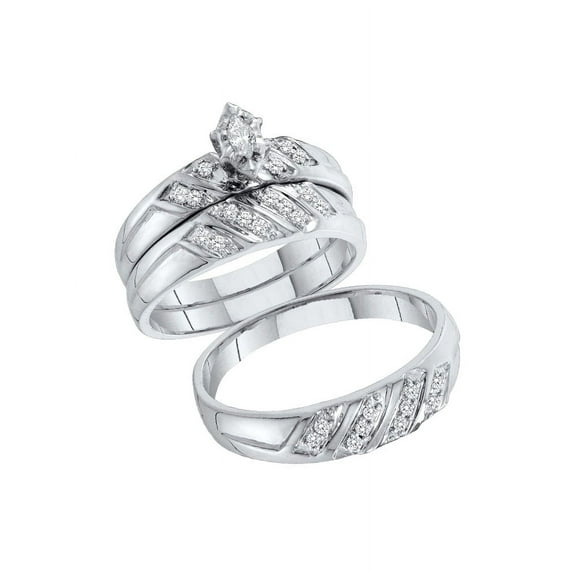 Sizes - L = 6.5, M = 10 - 10k White Gold Trio His & Hers Marquise Diamond Solitaire Matching Bridal Wedding Ring Band Set (1/4 Cttw)
