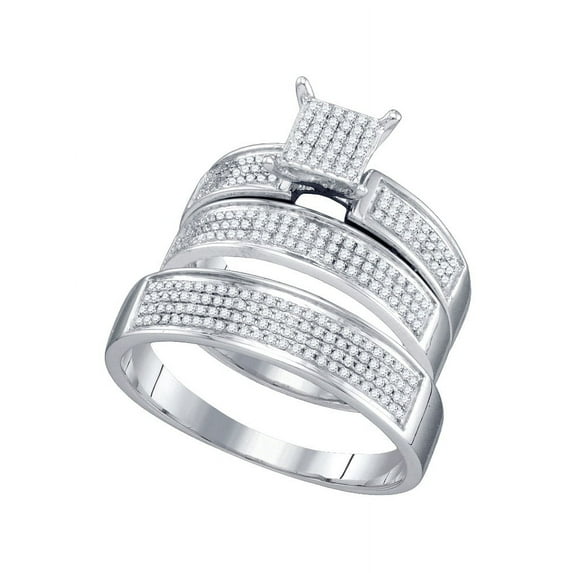Sizes - L = 6.5, M = 11 - 10k White Gold Trio His & Hers Round Diamond Cluster Matching Bridal Wedding Ring Band Set (1/2 Cttw)