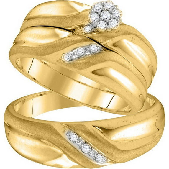 Sizes - L = 6.5, M = 11 - 10k Yellow Gold Trio His & Hers Round Diamond Cluster Matching Bridal Wedding Ring Band Set (1/5 Cttw)