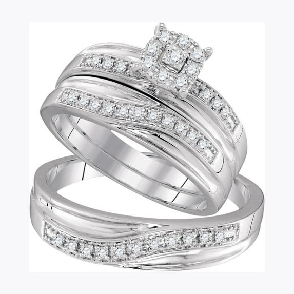 Sizes - L = 6.5, M = 8.5 - 10k White Gold Trio His & Hers Round Diamond Solitaire Matching Bridal Wedding Ring Band Set (1/3 Cttw)