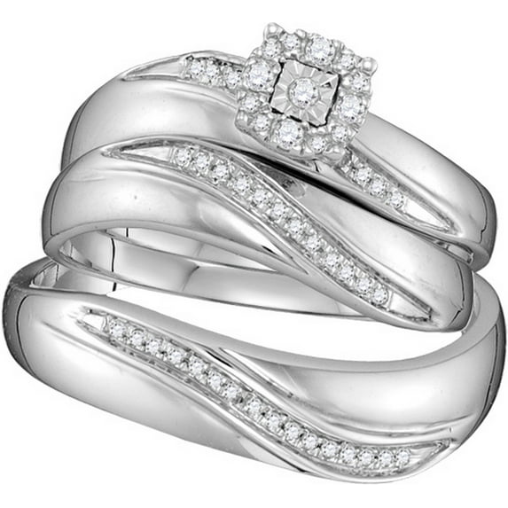 Sizes - L = 6.5, M = 9.5 - 925 Sterling Silver Trio His & Hers Round Diamond Solitaire Matching Bridal Wedding Ring Band Set (1/5 Cttw)