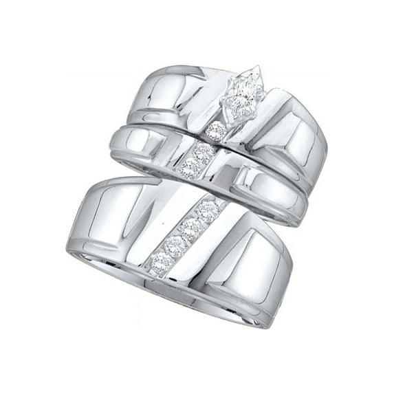 Sizes - L = 6, M = 11 - 14k White Gold Marquise Diamond Solitaire Mens Matching Trio Wedding Band Bridal Set (1/4 Cttw)
