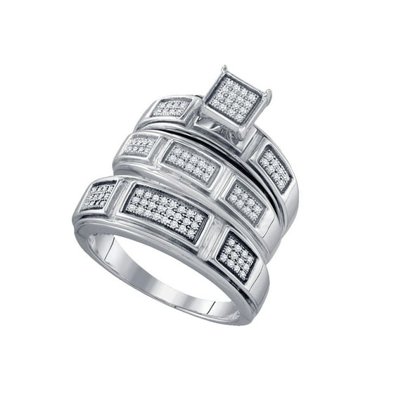 Sizes - L = 7.5, M = 10 - 925 Sterling Silver Trio His & Hers Round Diamond Cluster Matching Bridal Wedding Ring Band Set (1/4 Cttw)