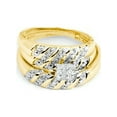 thumbnail image 1 of Sizes - L = 7.5, M = 12 - 10k Yellow Gold Trio His & Hers Round Diamond Cluster Matching Bridal Wedding Ring Band Set (1/10 Cttw), 1 of 2