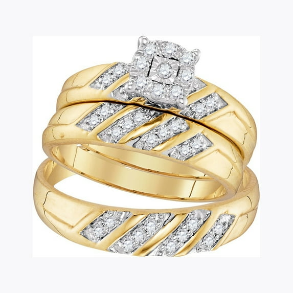 Sizes - L = 7.5, M = 8 - 10k Yellow Gold Trio His & Hers Round Diamond Cluster Matching Bridal Wedding Ring Band Set (1/3 Cttw)