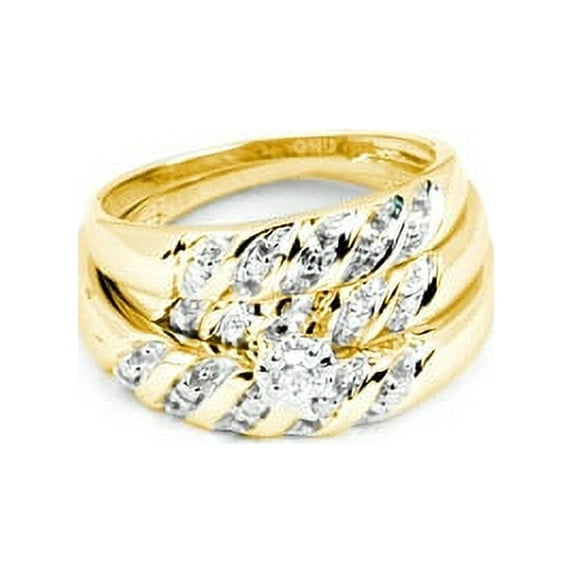Sizes - L = 7, M = 9 - 14k Yellow Gold Trio His & Hers Round Diamond Solitaire Matching Bridal Wedding Ring Band Set 1/12 Cttw