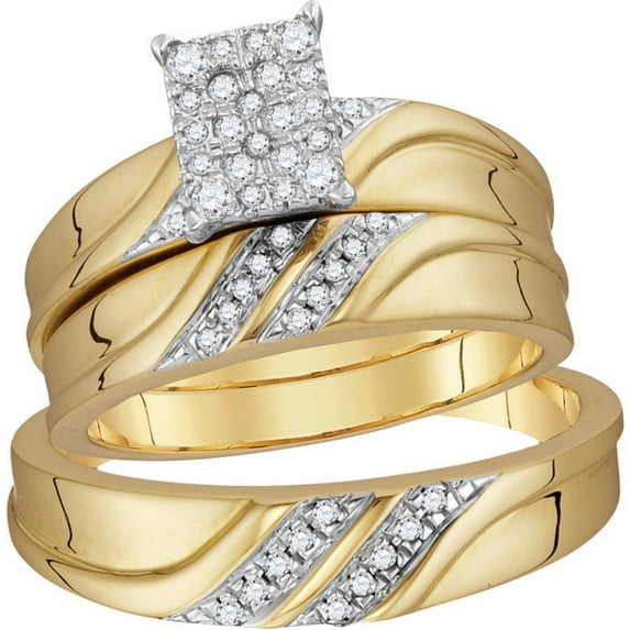 Sizes - L = 8.5, M = 11 - 10k Yellow Gold Diamond Cluster Matching Trio Trio His & Hers Wedding Ring Band Set (1/3 Cttw)