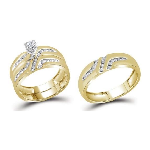 Sizes - L = 8.5, M = 8.5 - 10k Yellow Gold Trio His & Hers Round Diamond Solitaire Matching Bridal Wedding Ring Band Set (1/4 Cttw)