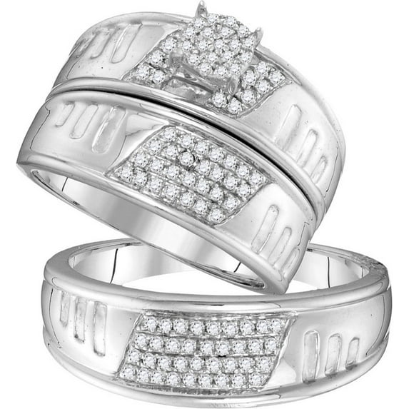 Sizes - L = 8, M = 11 - 10k White Gold Trio His & Hers Round Diamond Cluster Matching Bridal Wedding Ring Band Set 3/8 Cttw