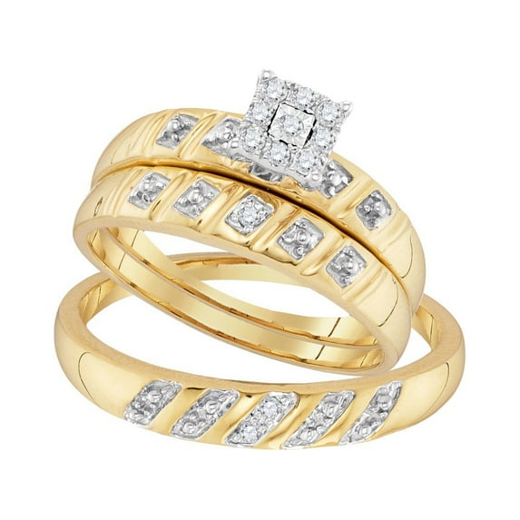 Sizes - L = 8, M = 11.5 - 10k Yellow Gold Trio His & Hers Round Diamond Cluster Matching Bridal Wedding Ring Band Set 1/8 Cttw