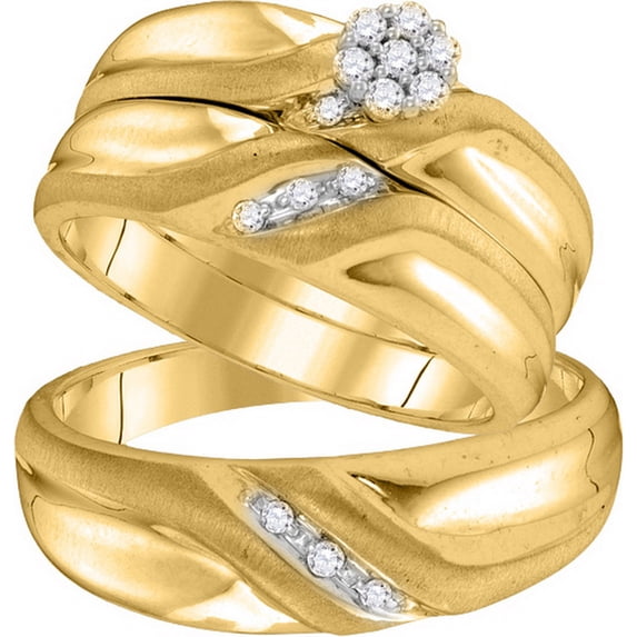 Sizes - L = 9, M = 10 - 10k Yellow Gold Trio His & Hers Round Diamond Cluster Matching Bridal Wedding Ring Band Set (1/5 Cttw)
