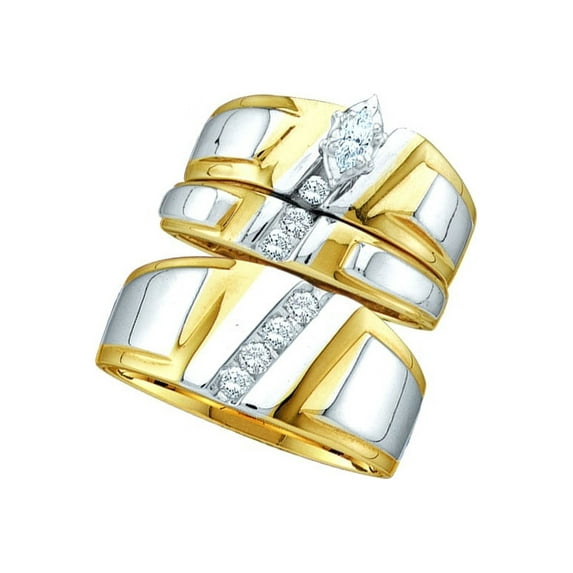 Sizes - L = 9, M = 11 - 10k Yellow Gold Trio His & Hers Marquise Diamond Solitaire Matching Bridal Wedding Ring Band Set (1/4 Cttw)