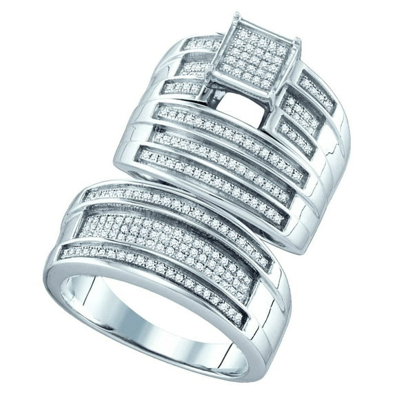 Sizes - L = 9, M = 12.5 - 925 Sterling Silver Trio His & Hers Round Diamond Cluster Matching Bridal Wedding Ring Band Set (1/2 Cttw)