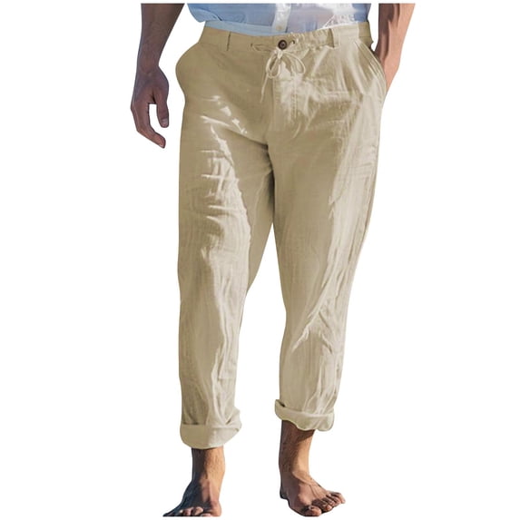 Amkhujs Sizes M-XXXL 60%Cotton,40%Linen Full Length Pants Khaki Mens Men Solid Casual Multiple Zipper Button Pockets Outdoor Straight Type Fitness Cargo Trousers, Gifts for Family