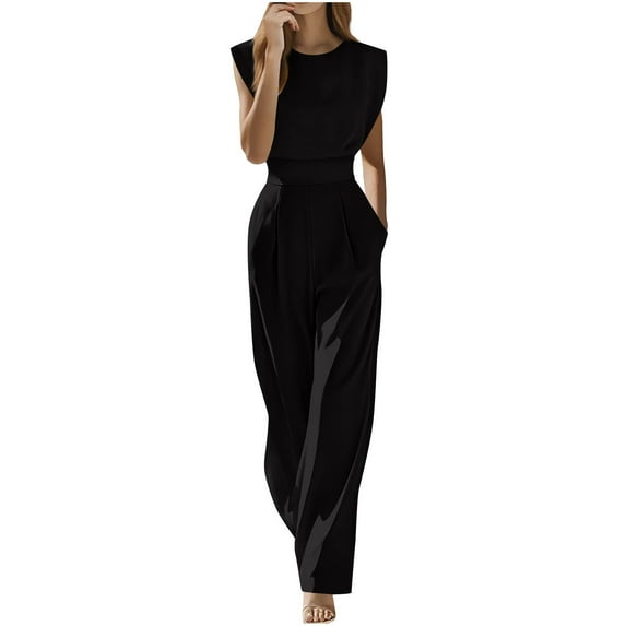 Sizes S-XXL Jumpsuit Women's Spring Solid-Color Round-Neck Pocket, Gifts for Woman, Black