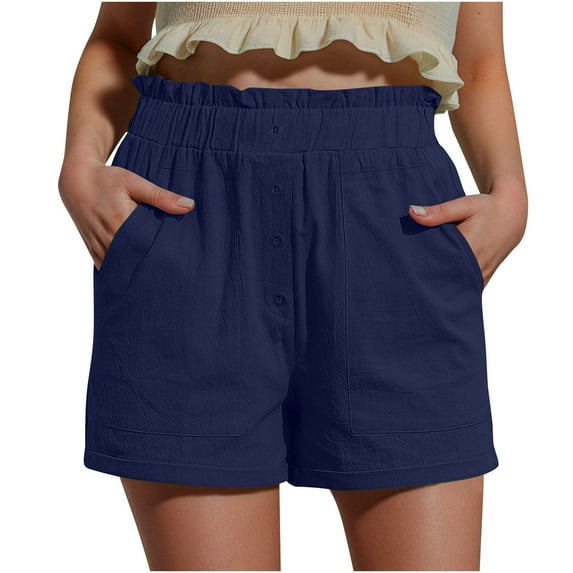 Gufahion Sizes S-XXL Shorts Pants Women's Summer and Linen Solid Color Ruffled Loose Button with Pockets, Gifts for Family, Blue