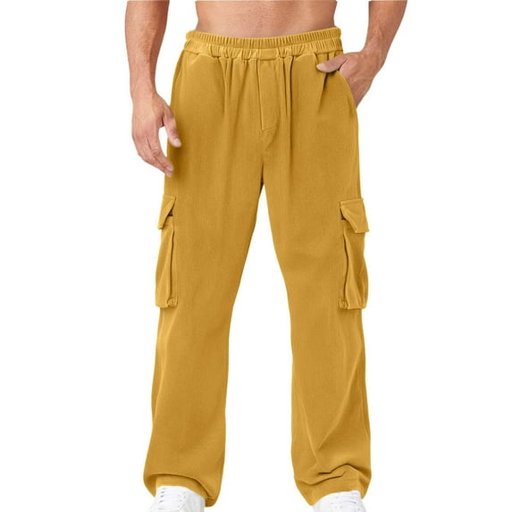 Sizes S-XXXL 98%Cotton,2%Spandex Full Length Pants Men's Casual Outdoor Sport Pocket Solid Color Elastic Waist Cargo, Gifts for Yourself, Yellow