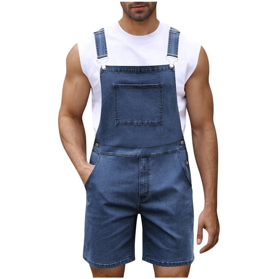 Gufahion Sizes S-XXXL Shorts Pants Men Casual Fashion Soild Zipper Breast Pocket Washed Suspender Long Cargo, Gifts for Men, Blue